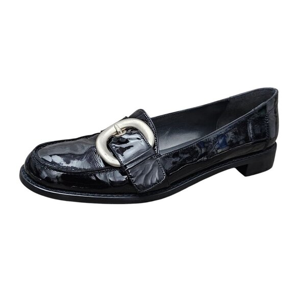 Stuart Weitzman Black Patent Leather Buckle Slip On Loafer Shoe - Picture 2 of 8